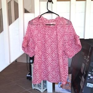 Banjanan Marie Tile Sachet Pink & White Print Blouse Sz L 100% Cotton Excellent